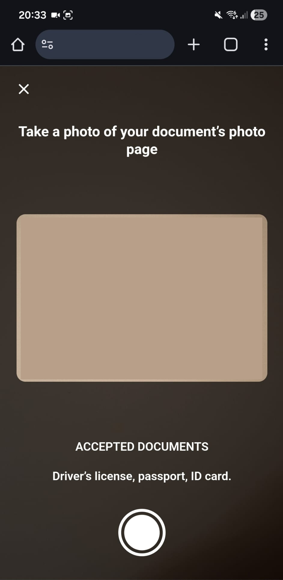 ID upload screen with instructions for photographing a physical government-issued ID.