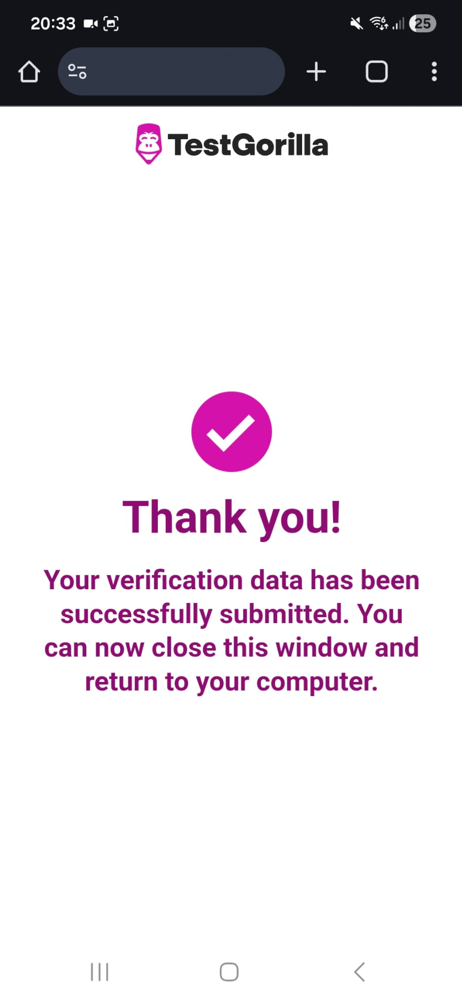 Verification successful screen, indicating the candidate will now start the assessment.