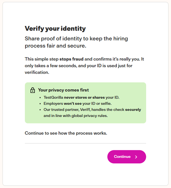 Assessment introduction screen requiring identity verification before proceeding.