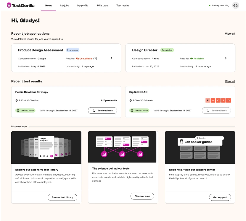TestGorilla candidate dashboard showing the entry point for AI feedback.