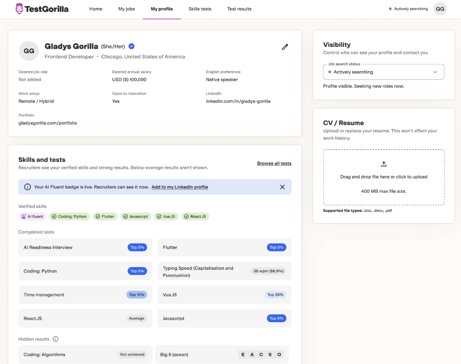 TestGorilla profile showing the AI Fluency Badge pill and descriptive tooltip.