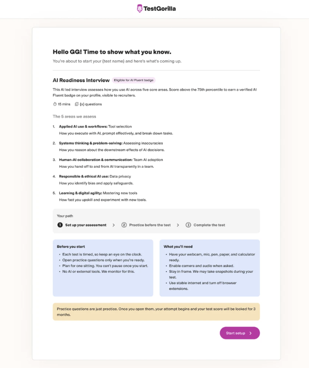 The AI Readiness Interview entry screen showing the mandatory 3-month lock acknowledgement.